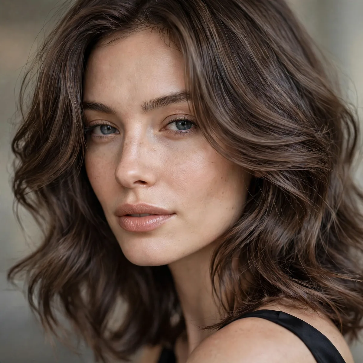 Iced Mocha Brunette hairstyle in cool mocha with velvet depth