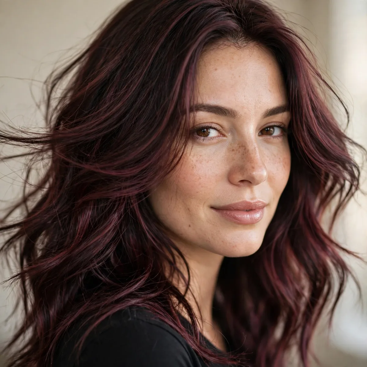 Burgundy-Tinted Brunette hairstyle in soft burgundy with soft movement