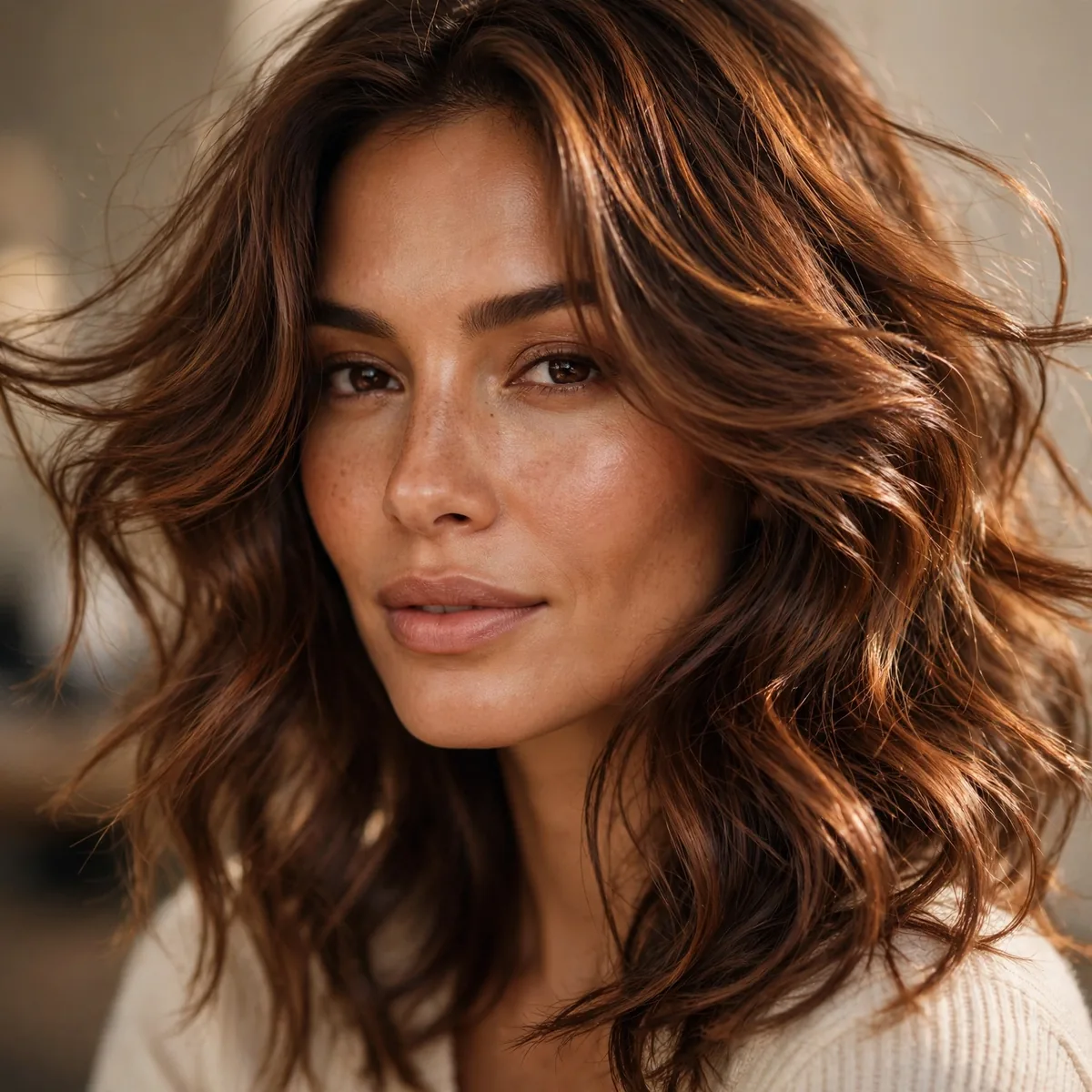 Bronzed Brunette Glow hairstyle in rich chestnut with soft movement