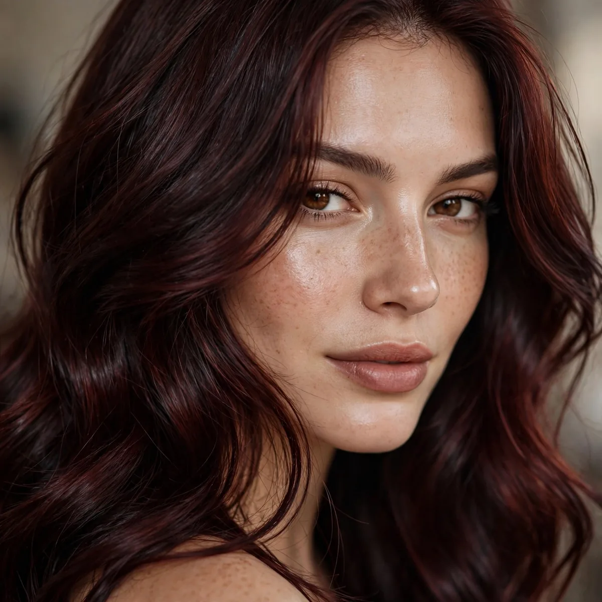 Deep Auburn Brunette hairstyle in black cherry with glossy shine
