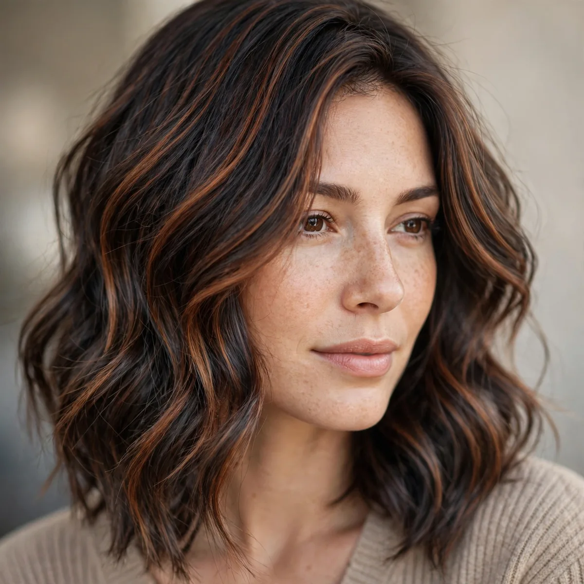 Ashy Dark Brown hairstyle in warm cinnamon with rich dimension